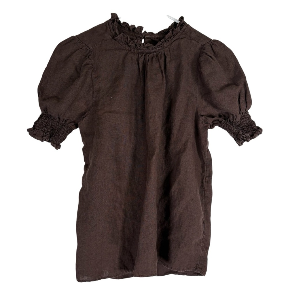 J. Crew Womens XS Linen Smocked Puff Sleeve Chic Brown Ruffled Blouse Top Shirt